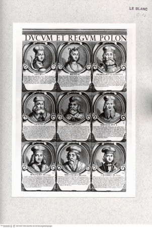 Vorderseite von Istituto Nazionale per la Grafica [http://creativecommons.org/publicdomain/mark/1.0/] Series Chronologica Ducum Et Regum Polonorum A Lacho I. Ad Augustum II. (49 Bildnisse und ein Wappen); 8 TeilfotosDetail Mitte oben links mit 9 Medaillonbildnissen - , bh474047. Foto.