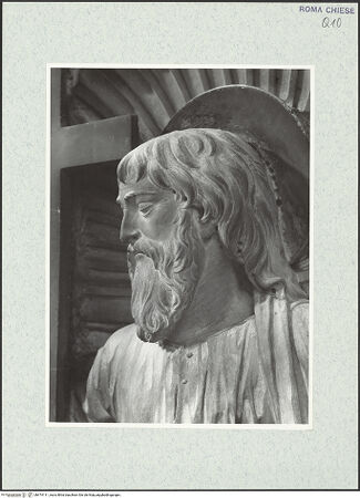 Vorderseite von Vasari [https://rightsstatements.org/page/CNE/1.0/] TabernakelpendantsTabernakel für das TaufwasserRechte Nischenfigur: heiliger Andreas (von der Rückseite des ehemaligen Hochaltars) - Detail: Kopf,linkes Profil, bh474111_recto. Foto.