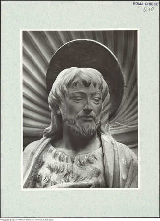 Vorderseite von Vasari [https://rightsstatements.org/page/CNE/1.0/] TabernakelpendantsTabernakel für das TaufwasserLinke Nischenfigur: Johannes Baptista (von der Rückseite des ehemaligen Hochaltars) - Detail: Kopf, bh474115_recto. Foto.