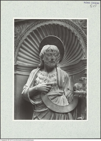 Vorderseite von Vasari [https://rightsstatements.org/page/CNE/1.0/] TabernakelpendantsTabernakel für das TaufwasserLinke Nischenfigur: Johannes Baptista (von der Rückseite des ehemaligen Hochaltars) - Detail: obere Körperpartie, bh474116_recto. Foto.