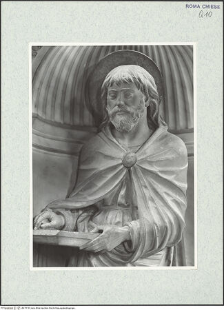 Vorderseite von Vasari [https://rightsstatements.org/page/CNE/1.0/] TabernakelpendantsTabernakel für die heiligen ÖleRechte Nischenfigur: unidentifizierter Heiliger (Jakobus?, von der Rückseite des ehemaligen Hochaltars) - Detail: obere Körperpartie, bh474119_recto. Foto.