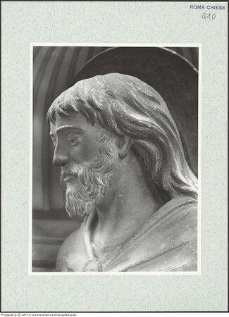 Vorderseite von Vasari [https://rightsstatements.org/page/CNE/1.0/] TabernakelpendantsTabernakel für die heiligen ÖleRechte Nischenfigur: unidentifizierter Heiliger (Jakobus?, von der Rückseite des ehemaligen Hochaltars) - Detail: Kopf, linkes Profil, bh474120_recto. Foto.