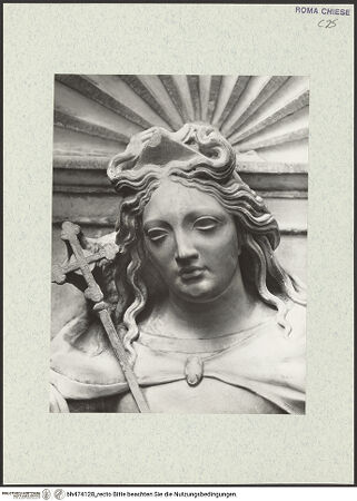 Vorderseite von Vasari [https://www.deutsche-digitale-bibliothek.de/content/lizenzen/rv-ez/] Grabmal des Kardinals Ludovico Podocatharo (+1504)Linke obere Muschelnische: Fides - Detail: Kopf, bh474128_recto. Foto.