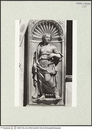 Vorderseite von Vasari [https://www.deutsche-digitale-bibliothek.de/content/lizenzen/rv-ez/] Grabmal des Kardinals Ludovico Podocatharo (+1504)Linke untere Muschelnische: Justitia - , bh474136_recto. Foto.