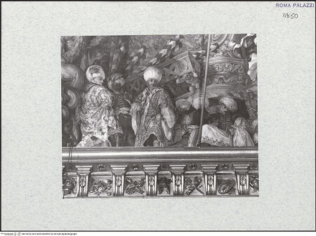 Vorderseite von Bibliotheca Hertziana [https://www.deutsche-digitale-bibliothek.de/content/lizenzen/rv-fz/] Deckengemälde: Szenen aus dem Leben des Marcantonio II. Colonna - Detail, westliches Drittel der Südseite, bh474395_recto. Foto.