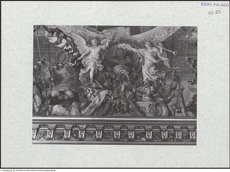 Vorderseite von Bibliotheca Hertziana [https://www.deutsche-digitale-bibliothek.de/content/lizenzen/rv-fz/] Deckengemälde: Szenen aus dem Leben des Marcantonio II. Colonna - Detail, westliches Drittel der Südseite, bh474396_recto. Foto.