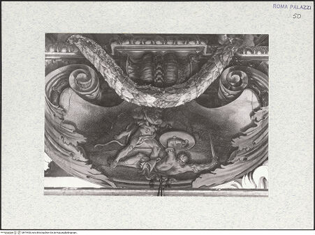 Vorderseite von Bibliotheca Hertziana [https://www.deutsche-digitale-bibliothek.de/content/lizenzen/rv-fz/] Deckengemälde: Szenen aus dem Leben des Marcantonio II. Colonna - Detail, mittlerer Abschnitt der Nordseite, bh474400_recto. Foto.