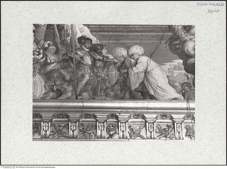 Vorderseite von Bibliotheca Hertziana [https://www.deutsche-digitale-bibliothek.de/content/lizenzen/rv-fz/] Deckengemälde: Szenen aus dem Leben des Marcantonio II. Colonna - Detail, östlicher Abschnitt der Südseite, bh474404_recto. Foto.