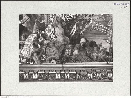 Vorderseite von Bibliotheca Hertziana [https://www.deutsche-digitale-bibliothek.de/content/lizenzen/rv-fz/] Deckengemälde: Szenen aus dem Leben des Marcantonio II. Colonna - Detail, östlicher Abschnitt der Nordseite, bh474409_recto. Foto.