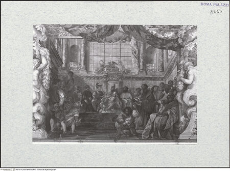 Vorderseite von Bibliotheca Hertziana [https://www.deutsche-digitale-bibliothek.de/content/lizenzen/rv-ez/] Deckengemälde: Szenen aus dem Leben des Marcantonio II. ColonnaWestliches Bildfeld: Marcantonio II. Colonna als Botschafter in Venedig - , bh474415_recto. Foto.