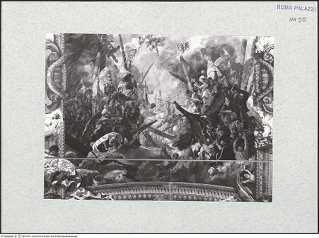 Vorderseite von Bibliotheca Hertziana [https://www.deutsche-digitale-bibliothek.de/content/lizenzen/rv-ez/] Deckengemälde: Szenen aus dem Leben des Marcantonio II. ColonnaMittelbild: Die Seeschlacht bei Lepanto - , bh474421_recto. Foto.