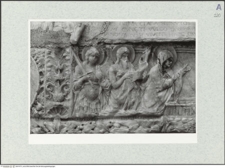 Vorderseite von Bibliotheca Hertziana [https://www.deutsche-digitale-bibliothek.de/content/lizenzen/rv-ez/] Grabmal des Bischofs Giovanni Montaperto (gest. 1485) - Sarkophag, Detail: linke Seite, bh474721_recto. Foto.