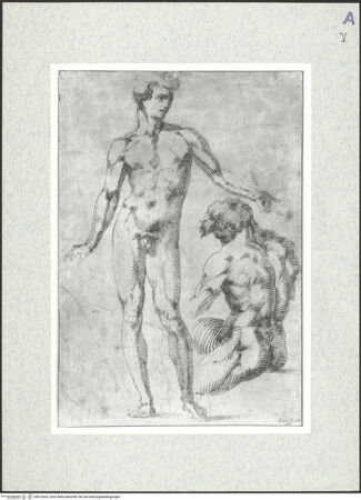 Vorderseite von Graphische Sammlung Albertina [https://www.deutsche-digitale-bibliothek.de/content/lizenzen/rv-ez/] Zwei männliche Akte, einer in Vorderansicht stehend, der andere in Rückenansicht sitzend - , bh475025_recto. Foto.