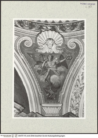 Vorderseite von Sopr. BAS ROMA [https://www.deutsche-digitale-bibliothek.de/content/lizenzen/rv-ez/] GewölbeausmalungEngel mit einem Blumenkranz und einem Zügel - , bh475119_recto. Foto.