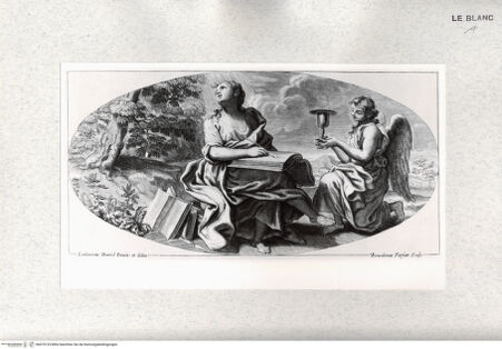 Vorderseite von Istituto Nazionale per la Grafica [http://creativecommons.org/publicdomain/mark/1.0/] Junge Frau, in ein Buch schreibend, und ein kniender Engel (Allegorie des Glaubens?) - , bh475133. Foto.