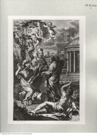 Vorderseite von Istituto Nazionale per la Grafica [http://creativecommons.org/publicdomain/mark/1.0/] Allegorie auf dem Ruhm eines Kardinals (der Sieg des Christentums über das Heidentum): Minerva, die die Statue des Kardinals anfertigt, ein Gelehrter, der auf einen Tempel weist, und ein Flussgott - , bh475134. Foto.