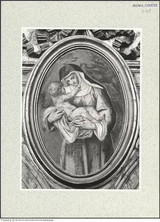 Vorderseite von Sopr. BAS ROMA [https://www.deutsche-digitale-bibliothek.de/content/lizenzen/rv-ez/] Zyklus von Ovalbildern mit Heiligensechster Zwickel links: Die heilige Agnes von Assisi - , bh475305_recto. Foto.