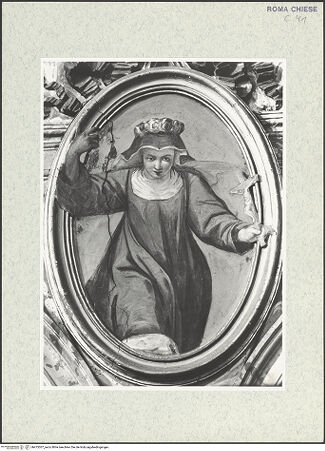 Vorderseite von Sopr. BAS ROMA [https://www.deutsche-digitale-bibliothek.de/content/lizenzen/rv-ez/] Zyklus von Ovalbildern mit Heiligenachter Zwickel links: Die heilige Rosa von Viterbo - , bh475307_recto. Foto.