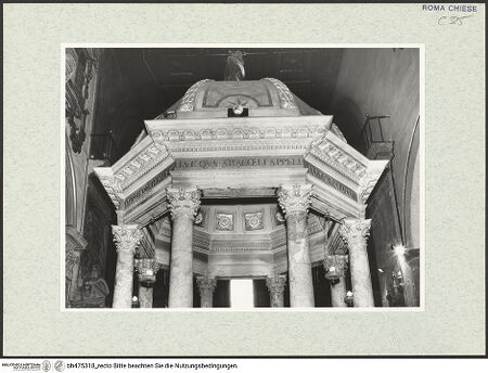 Vorderseite von Sopr. BAS ROMA [https://www.deutsche-digitale-bibliothek.de/content/lizenzen/rv-ez/] Tempietto der heiligen Helena - oberer Teil, bh475318_recto. Foto.