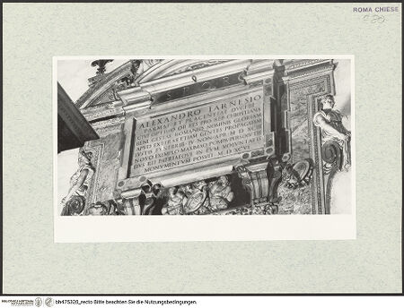Vorderseite von Sopr. BAS ROMA [https://www.deutsche-digitale-bibliothek.de/content/lizenzen/rv-ez/] Grabmonument von Alessandro Farnese, Herzog von Parma und Piacenza - Detail: Inschrift, bh475320_recto. Foto.
