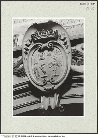 Vorderseite von Sopr. BAS ROMA [https://www.deutsche-digitale-bibliothek.de/content/lizenzen/rv-ez/] Allianzwappen der Grazioli mit dem der Lante della Rovere, anläßlich der Hochzeit von Don Pio Grazioli mit Caterina Lante della Rovere - , bh475339_recto. Foto.