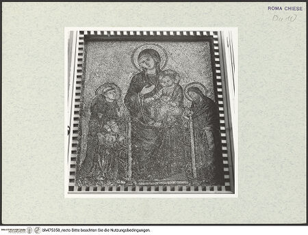 Vorderseite von Sopr. BAS ROMA [https://www.deutsche-digitale-bibliothek.de/content/lizenzen/rv-ez/] Thronende Madonna mit Kind, Johannes der Täufer und der heilige Franziskus, der einen Stifter heranführt - , bh475358_recto. Foto.