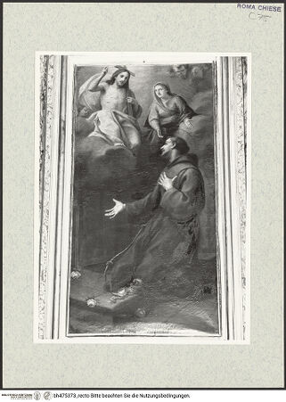 Vorderseite von Sopr. BAS ROMA [https://www.deutsche-digitale-bibliothek.de/content/lizenzen/rv-ez/] Nach dem Rosenwunder erscheinen Maria und Christus dem heiligen Franziskus in der Kapelle von Portiuncula - , bh475373_recto. Foto.