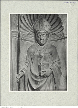 Vorderseite von Vasari [https://rightsstatements.org/page/CNE/1.0/] Grabmonument des Kardinals Juan de Melle (+1467)Rückwand: drei Heiligenfiguren in MuschelnischenHeiliger Bischof (Ildefonsus?) - obere Körperpartie, bh475497_recto. Foto.