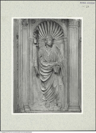 Vorderseite von Vasari [https://rightsstatements.org/page/CNE/1.0/] Grabmonument des Kardinals Juan de Melle (+1467)Rückwand: drei Heiligenfiguren in MuschelnischenHeiliger Jakobus der Ältere - , bh475519_recto. Foto.