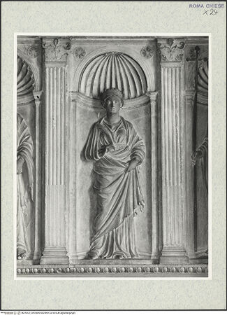 Vorderseite von Courtauld Institute, Conway Library [https://rightsstatements.org/page/CNE/1.0/] Grabmonument des Kardinals Juan de Melle (+1467)Rückwand: drei Heiligenfiguren in MuschelnischenWeibliche Heilige (Jucunda?) - , bh475522_recto. Foto.