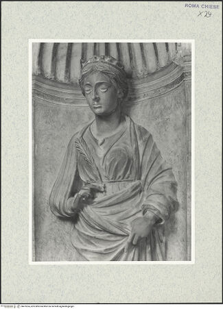 Vorderseite von Vasari [https://rightsstatements.org/page/CNE/1.0/] Grabmonument des Kardinals Juan de Melle (+1467)Rückwand: drei Heiligenfiguren in MuschelnischenWeibliche Heilige (Jucunda?) - obere Körperpartie, bh475524_recto. Foto.