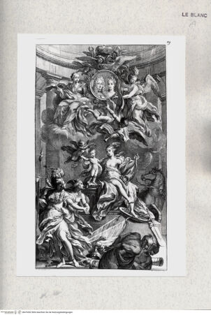 Vorderseite von Istituto Nazionale per la Grafica [http://creativecommons.org/publicdomain/mark/1.0/] Allegorie auf den Ruhm des österreichischen Herrscherhauses: Ein junger Prinz wird von einem Genius gekrönt und einer Abundantia gehalten, oben ein Doppelporträt in einem Medaillon: "Triumfo austriaco" - , bh476502. Foto.