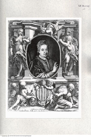 Vorderseite von Istituto Nazionale per la Grafica [http://creativecommons.org/publicdomain/mark/1.0/] Bildnis Benedikts XIV. in einem Medaillon, umgeben von allegorischen Figuren und einer Architekturrahmung - , bh476503. Foto.