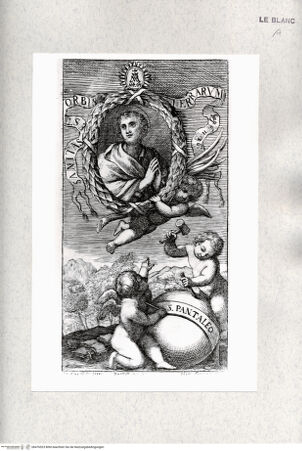 Vorderseite von Istituto Nazionale per la Grafica [http://creativecommons.org/publicdomain/mark/1.0/] Zwei Putti meißeln eine Kugel, darüber schwebender Putto mit einem Medaillon mit dem Bildnis des heiligen Pantaleon - , bh476523. Foto.