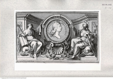 Vorderseite von Istituto Nazionale per la Grafica [http://creativecommons.org/publicdomain/mark/1.0/] Medaillonbild eines jungen Mannes ("Ludovicus Delphinus"), mit Architekturrahmung und den Figuren der Minerva und der Religion - , bh476785. Foto.