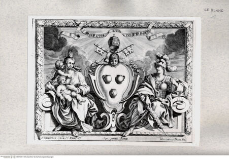 Vorderseite von Istituto Nazionale per la Grafica [http://creativecommons.org/publicdomain/mark/1.0/] Allegorie auf Innozenz XII. mit seinem Wappen, der Caritas und der Justitia - , bh476801. Foto.
