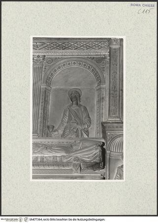 Vorderseite von Courtauld Institute, Conway Library [https://www.deutsche-digitale-bibliothek.de/content/lizenzen/rv-ez/] Grabmal des Kardinals Giovanni Battista Savelli (+1498)Rückwand: Johannes Baptista und Johannes Evangelista - Johannes Evangelista, bh477364_recto. Foto.