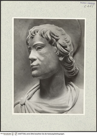 Vorderseite von Vasari [https://www.deutsche-digitale-bibliothek.de/content/lizenzen/rv-ez/] Grabmal des Kardinals Giovanni Battista Savelli (+1498)Rückwand: Johannes Baptista und Johannes Evangelista - Johannes Evangelista, Kopf, bh477366_recto. Foto.