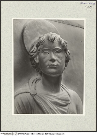 Vorderseite von Vasari [https://www.deutsche-digitale-bibliothek.de/content/lizenzen/rv-ez/] Grabmal des Kardinals Giovanni Battista Savelli (+1498)Rückwand: Johannes Baptista und Johannes Evangelista - Johannes Evangelista, Kopf, bh477367_recto. Foto.