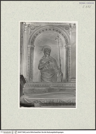 Vorderseite von Courtauld Institute, Conway Library [https://www.deutsche-digitale-bibliothek.de/content/lizenzen/rv-ez/] Grabmal des Kardinals Giovanni Battista Savelli (+1498)Rückwand: Johannes Baptista und Johannes Evangelista - Johannes Baptista, bh477369_recto. Foto.