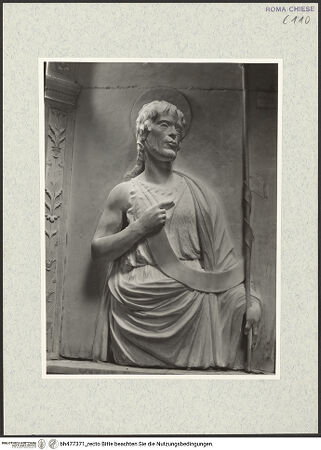 Vorderseite von Vasari [https://www.deutsche-digitale-bibliothek.de/content/lizenzen/rv-ez/] Grabmal des Kardinals Giovanni Battista Savelli (+1498)Rückwand: Johannes Baptista und Johannes Evangelista - Johannes Baptista, bh477371_recto. Foto.