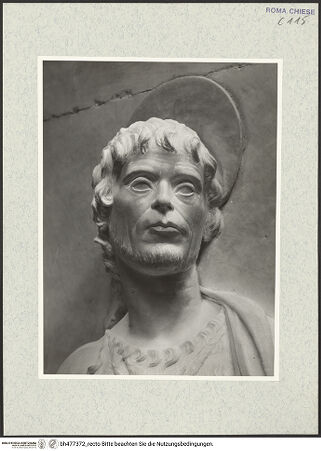 Vorderseite von Vasari [https://www.deutsche-digitale-bibliothek.de/content/lizenzen/rv-ez/] Grabmal des Kardinals Giovanni Battista Savelli (+1498)Rückwand: Johannes Baptista und Johannes Evangelista - Johannes Baptista, Kopf, bh477372_recto. Foto.