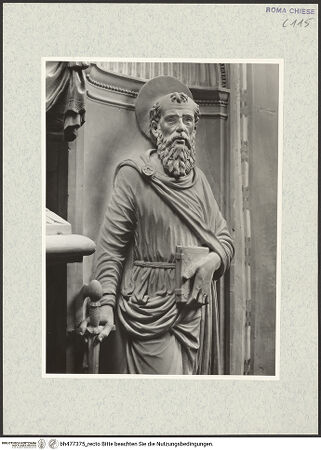 Vorderseite von Vasari [https://www.deutsche-digitale-bibliothek.de/content/lizenzen/rv-ez/] Grabmal des Kardinals Giovanni Battista Savelli (+1498)SockelfigurenRechte Muschelnische: Paulus - obere Körperpartie, bh477375_recto. Foto.