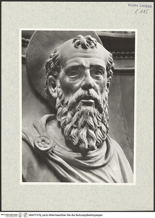 Vorderseite von Vasari [https://www.deutsche-digitale-bibliothek.de/content/lizenzen/rv-ez/] Grabmal des Kardinals Giovanni Battista Savelli (+1498)SockelfigurenRechte Muschelnische: Paulus - Kopf, bh477376_recto. Foto.