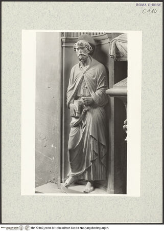 Vorderseite von Vasari [https://www.deutsche-digitale-bibliothek.de/content/lizenzen/rv-ez/] Grabmal des Kardinals Giovanni Battista Savelli (+1498)SockelfigurenLinke Muschelnische: Petrus - , bh477387_recto. Foto.