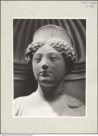 Vorderseite von Vasari [https://www.deutsche-digitale-bibliothek.de/content/lizenzen/rv-ez/] Doppelgrabmal der Brüder de LevisGrabmal des Kardinals Filippo de Levis (+1475)TugendpersonifikationenNische rechts unten: Justitia? - Kopf, bh477439_recto. Foto.