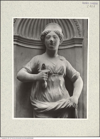 Vorderseite von Vasari [https://www.deutsche-digitale-bibliothek.de/content/lizenzen/rv-ez/] Doppelgrabmal der Brüder de LevisGrabmal des Kardinals Filippo de Levis (+1475)TugendpersonifikationenNische rechts unten: Justitia? - obere Körperpartie, bh477440_recto. Foto.