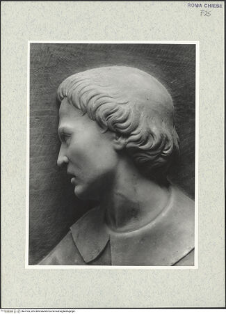 Vorderseite von Vasari [https://www.deutsche-digitale-bibliothek.de/content/lizenzen/rv-ez/] Grabmal des Kardinals Lorenzo Cibo de' Mari (+1503)Rückwand: thronende Madonna zwischen dem heiligen Bartholomäus und dem heiligen Laurentius, der den Verstorbenen präsentiert - Laurentius, Kopf, bh477526_recto. Foto.