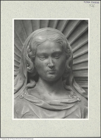 Vorderseite von Vasari [https://www.deutsche-digitale-bibliothek.de/content/lizenzen/rv-fz/] Grabmal des Kardinals Lorenzo Cibo de' Mari (+1503)Rückwand: thronende Madonna zwischen dem heiligen Bartholomäus und dem heiligen Laurentius, der den Verstorbenen präsentiert - Madonna, Kopf, bh477530_recto. Foto.