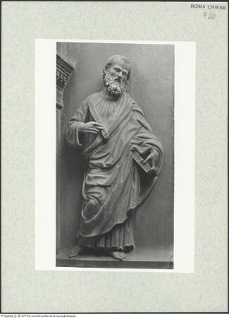 Vorderseite von Vasari [https://www.deutsche-digitale-bibliothek.de/content/lizenzen/rv-ez/] Grabmal des Kardinals Lorenzo Cibo de' Mari (+1503)Rückwand: thronende Madonna zwischen dem heiligen Bartholomäus und dem heiligen Laurentius, der den Verstorbenen präsentiert - Bartholomäus, bh477533_recto. Foto.